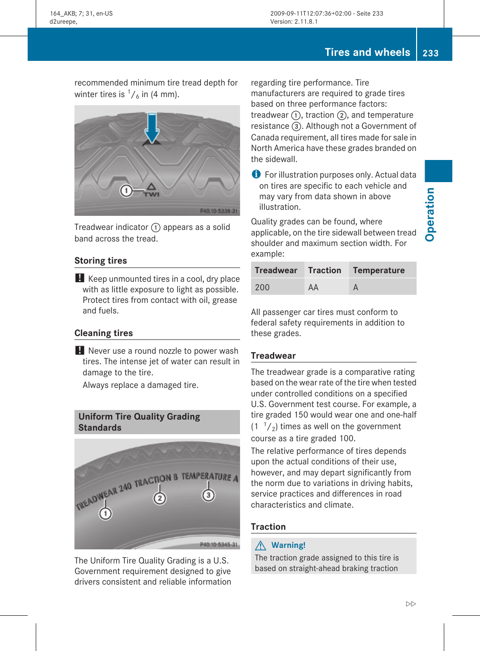 Uniform tire quality grading standards, Operation, Tires and wheels | Mercedes-Benz M-Class 2010 Owners Manual User Manual | Page 235 / 368