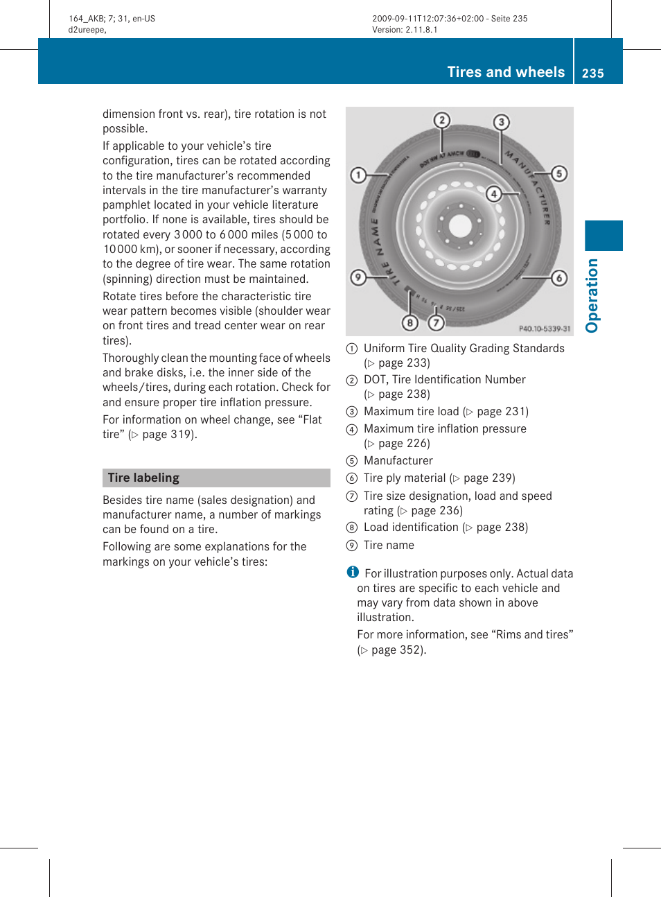 Tire labeling, Operation, Tires and wheels | Mercedes-Benz M-Class 2010 Owners Manual User Manual | Page 237 / 368