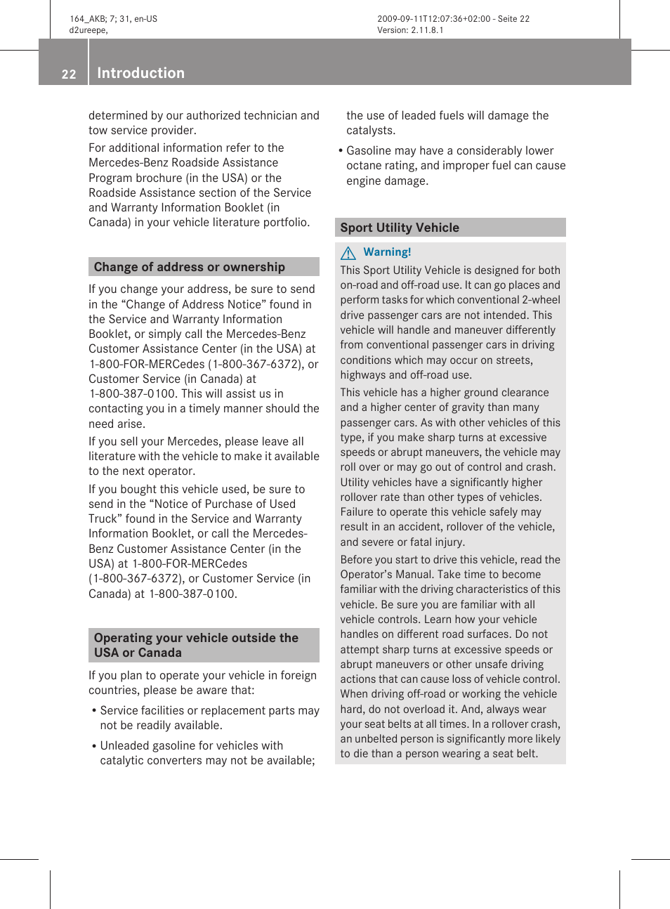 Change of address or ownership, Operating your vehicle outside the usa or canada, Sport utility vehicle | Introduction | Mercedes-Benz M-Class 2010 Owners Manual User Manual | Page 24 / 368