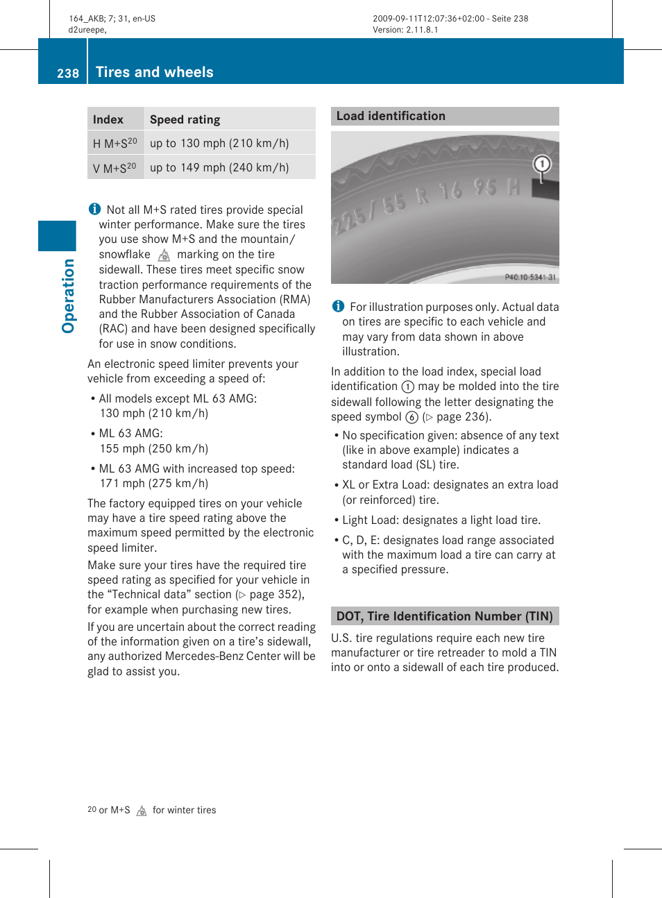 Load identification, Dot, tire identification number (tin), See “load identification | Operation, Tires and wheels | Mercedes-Benz M-Class 2010 Owners Manual User Manual | Page 240 / 368