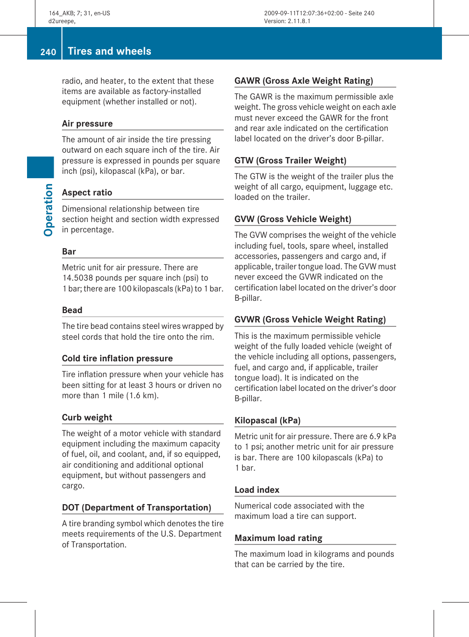 Operation, Tires and wheels | Mercedes-Benz M-Class 2010 Owners Manual User Manual | Page 242 / 368