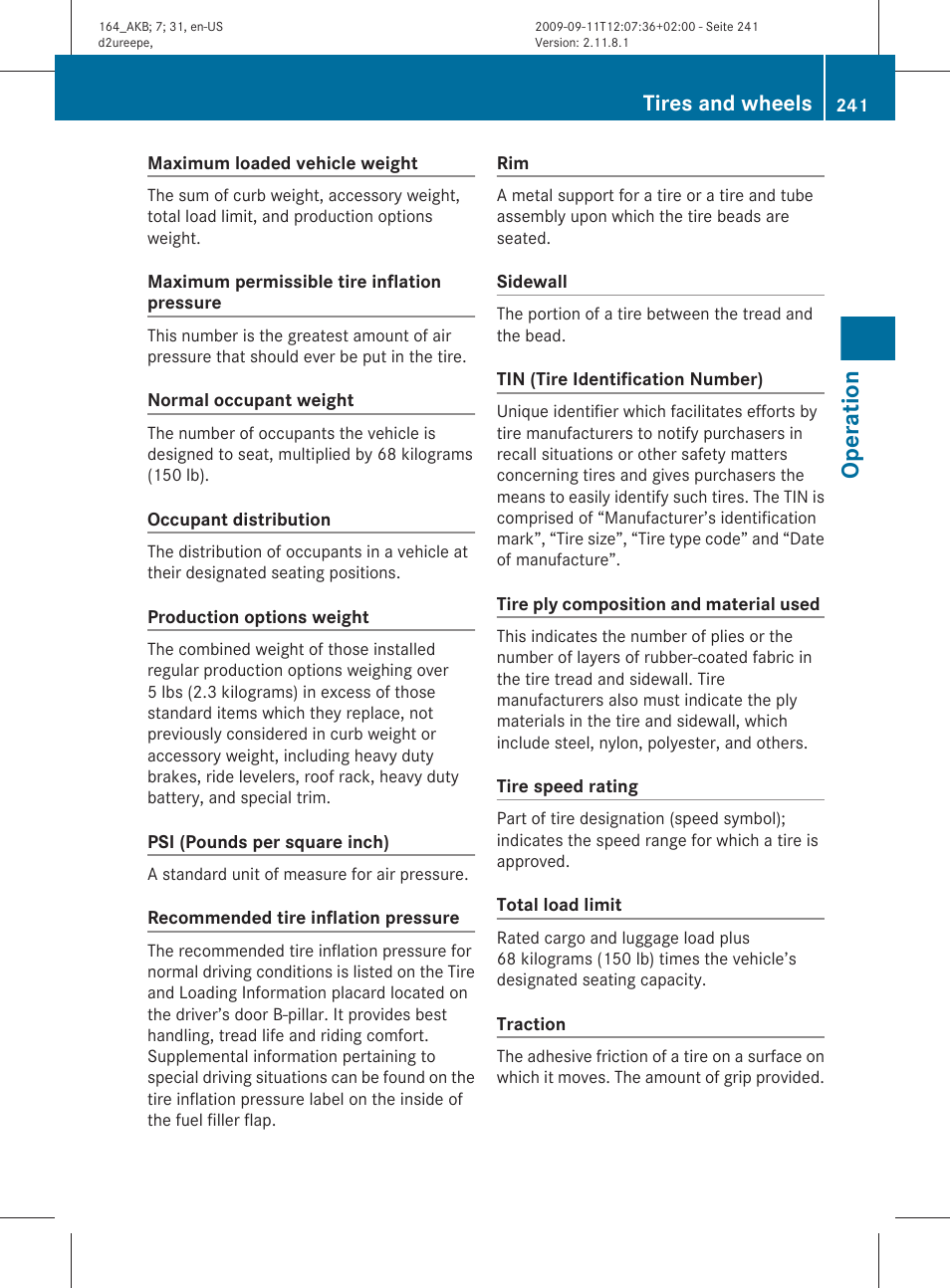 Operation, Tires and wheels | Mercedes-Benz M-Class 2010 Owners Manual User Manual | Page 243 / 368