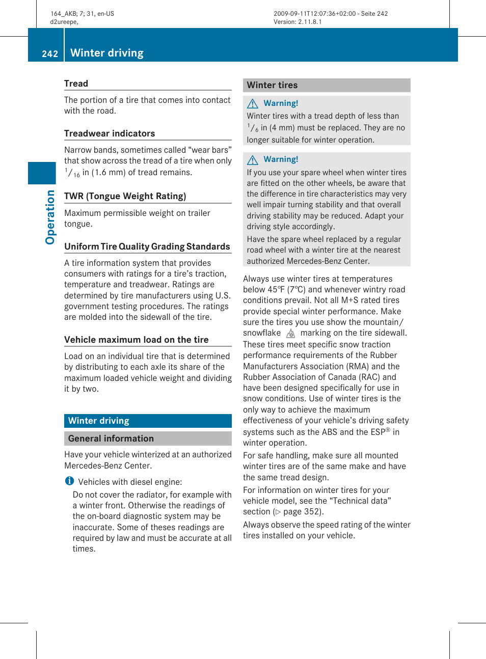 Winter driving, General information, Winter tires | Achieved with winter tires, Operation | Mercedes-Benz M-Class 2010 Owners Manual User Manual | Page 244 / 368
