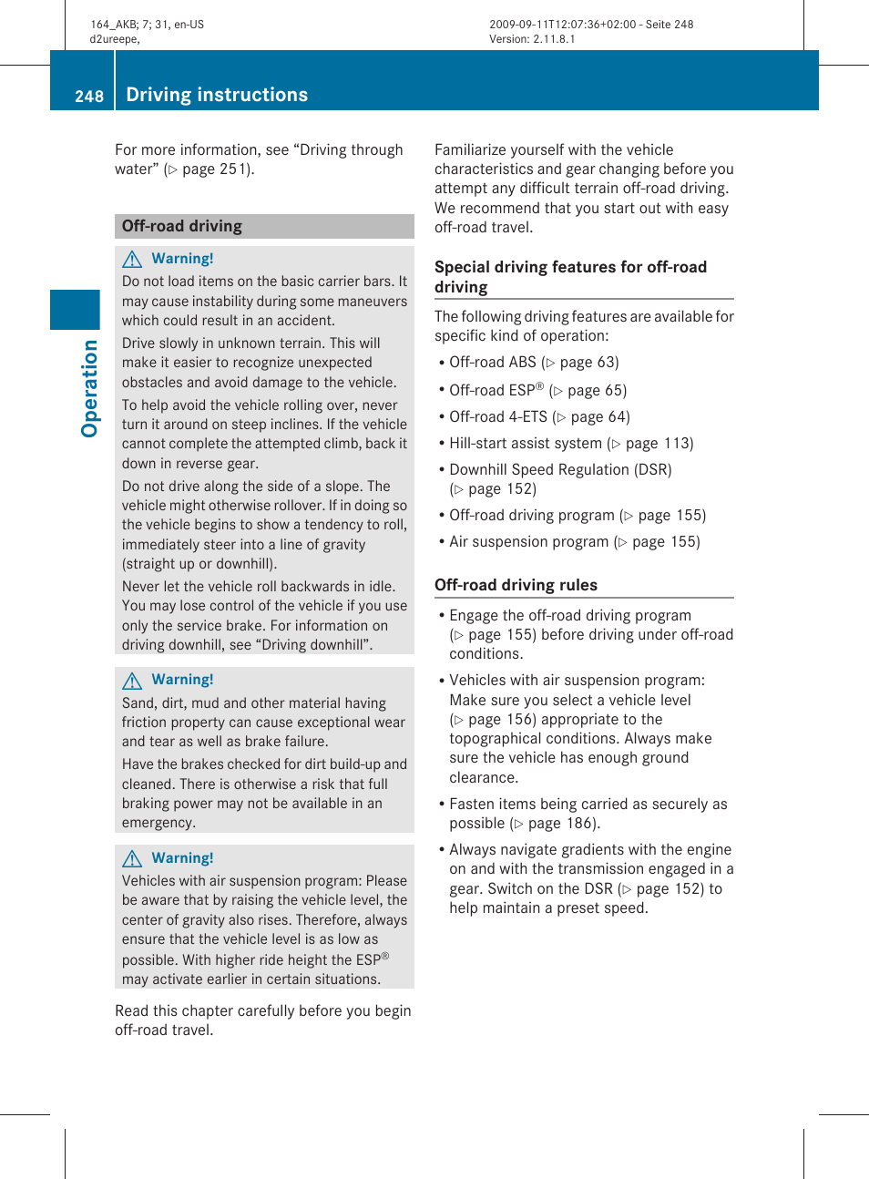 Off-road driving, Road driving, Operation | Driving instructions | Mercedes-Benz M-Class 2010 Owners Manual User Manual | Page 250 / 368