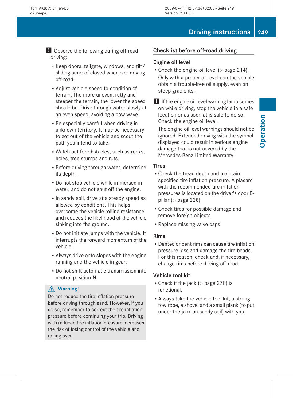 Operation, Driving instructions | Mercedes-Benz M-Class 2010 Owners Manual User Manual | Page 251 / 368
