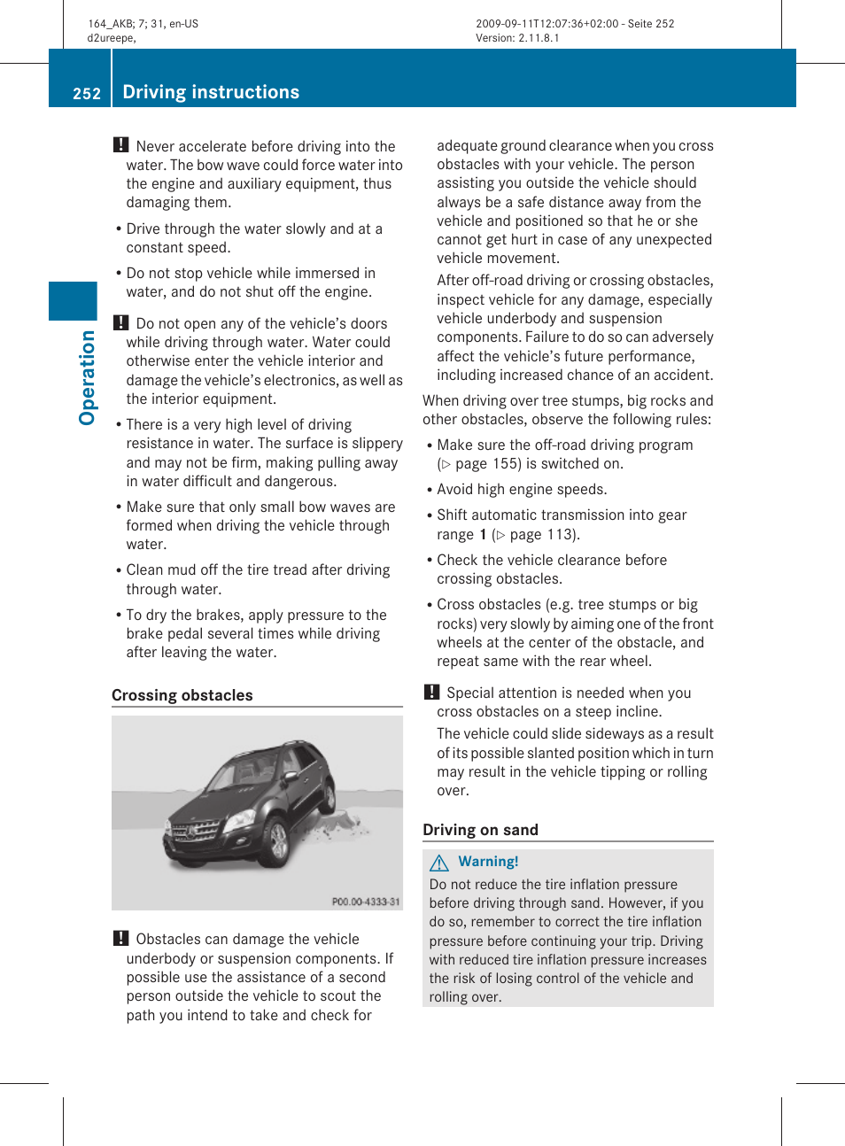Operation, Driving instructions | Mercedes-Benz M-Class 2010 Owners Manual User Manual | Page 254 / 368