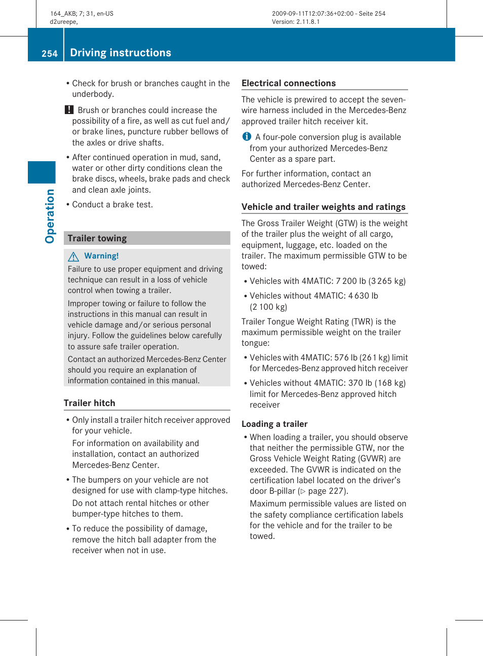 Trailer towing, Operation, Driving instructions | Mercedes-Benz M-Class 2010 Owners Manual User Manual | Page 256 / 368