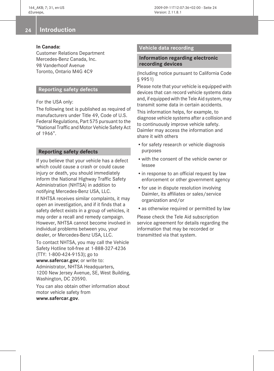 Reporting safety defects, Vehicle data recording, Information regarding electronic recording devices | Introduction | Mercedes-Benz M-Class 2010 Owners Manual User Manual | Page 26 / 368