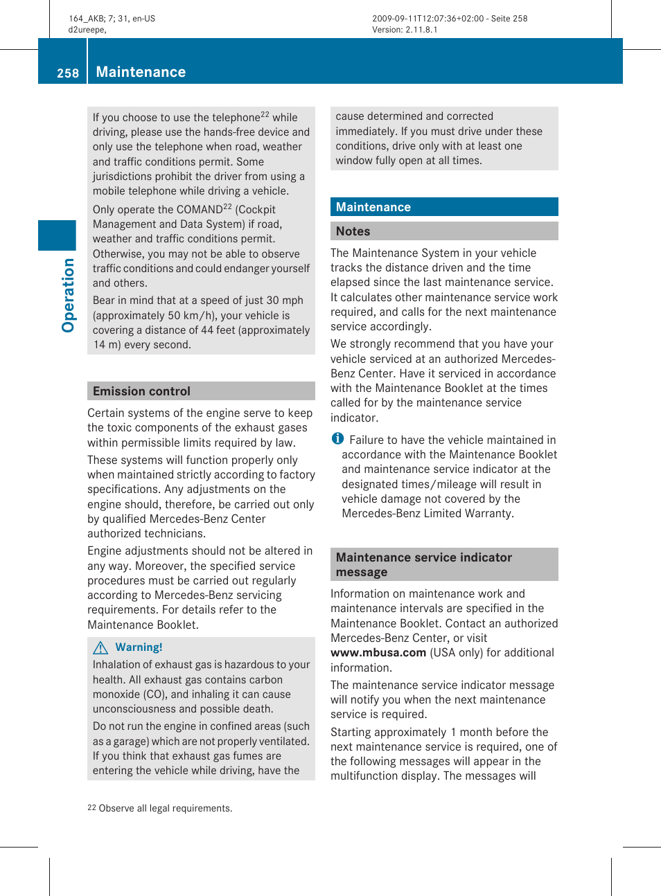 Emission control, Maintenance, Notes | Maintenance service indicator message, Operation | Mercedes-Benz M-Class 2010 Owners Manual User Manual | Page 260 / 368