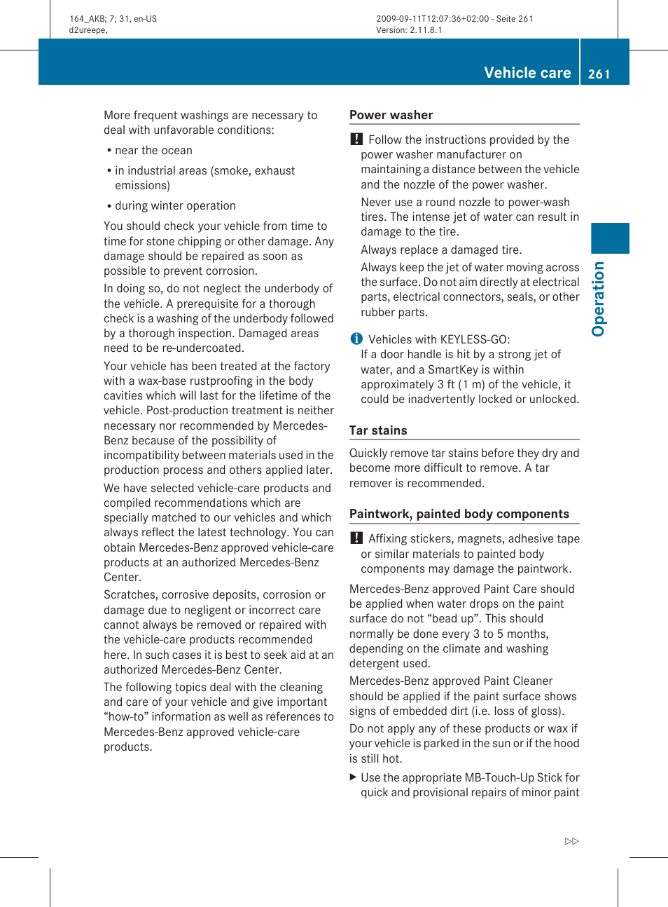 Operation, Vehicle care | Mercedes-Benz M-Class 2010 Owners Manual User Manual | Page 263 / 368