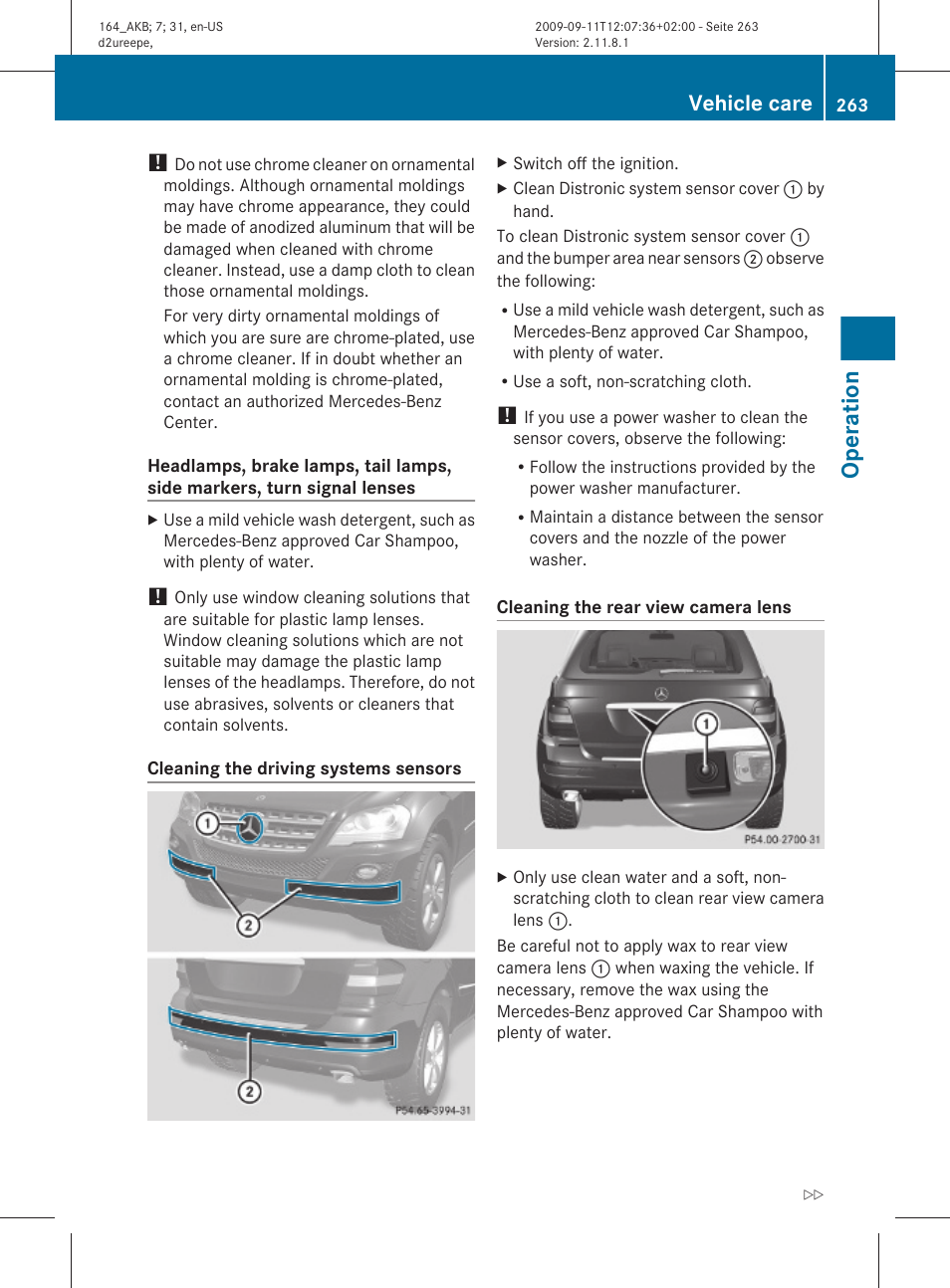 Sensor cover, see, The driving systems sensors, Operation | Vehicle care | Mercedes-Benz M-Class 2010 Owners Manual User Manual | Page 265 / 368