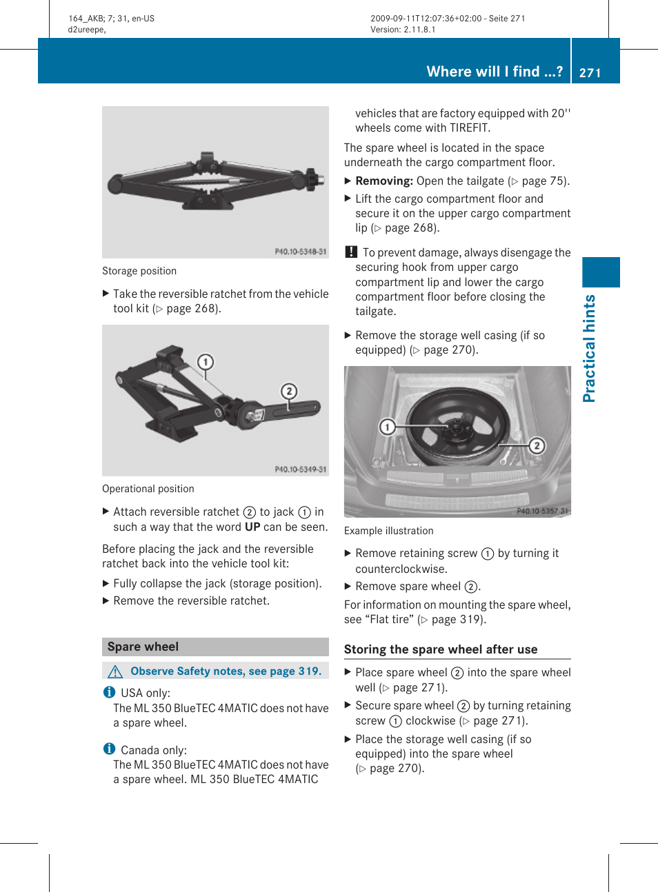 Spare wheel, Practical hints, Where will i find | Mercedes-Benz M-Class 2010 Owners Manual User Manual | Page 273 / 368