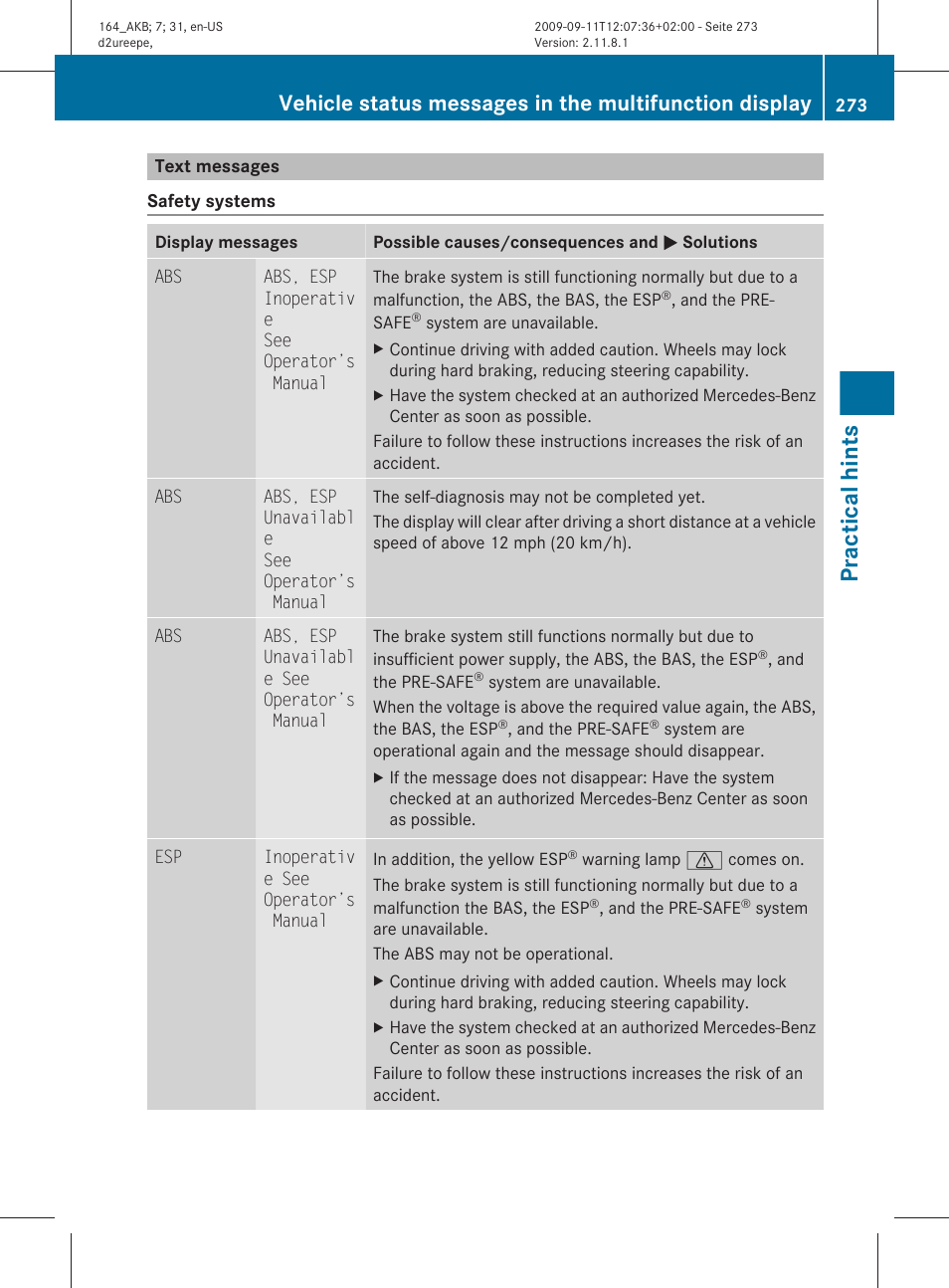 Text messages, Divided into text messages, Practical hints | Mercedes-Benz M-Class 2010 Owners Manual User Manual | Page 275 / 368