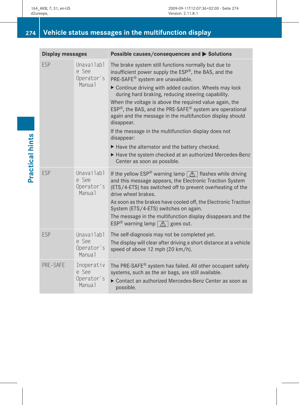 Practical hints | Mercedes-Benz M-Class 2010 Owners Manual User Manual | Page 276 / 368