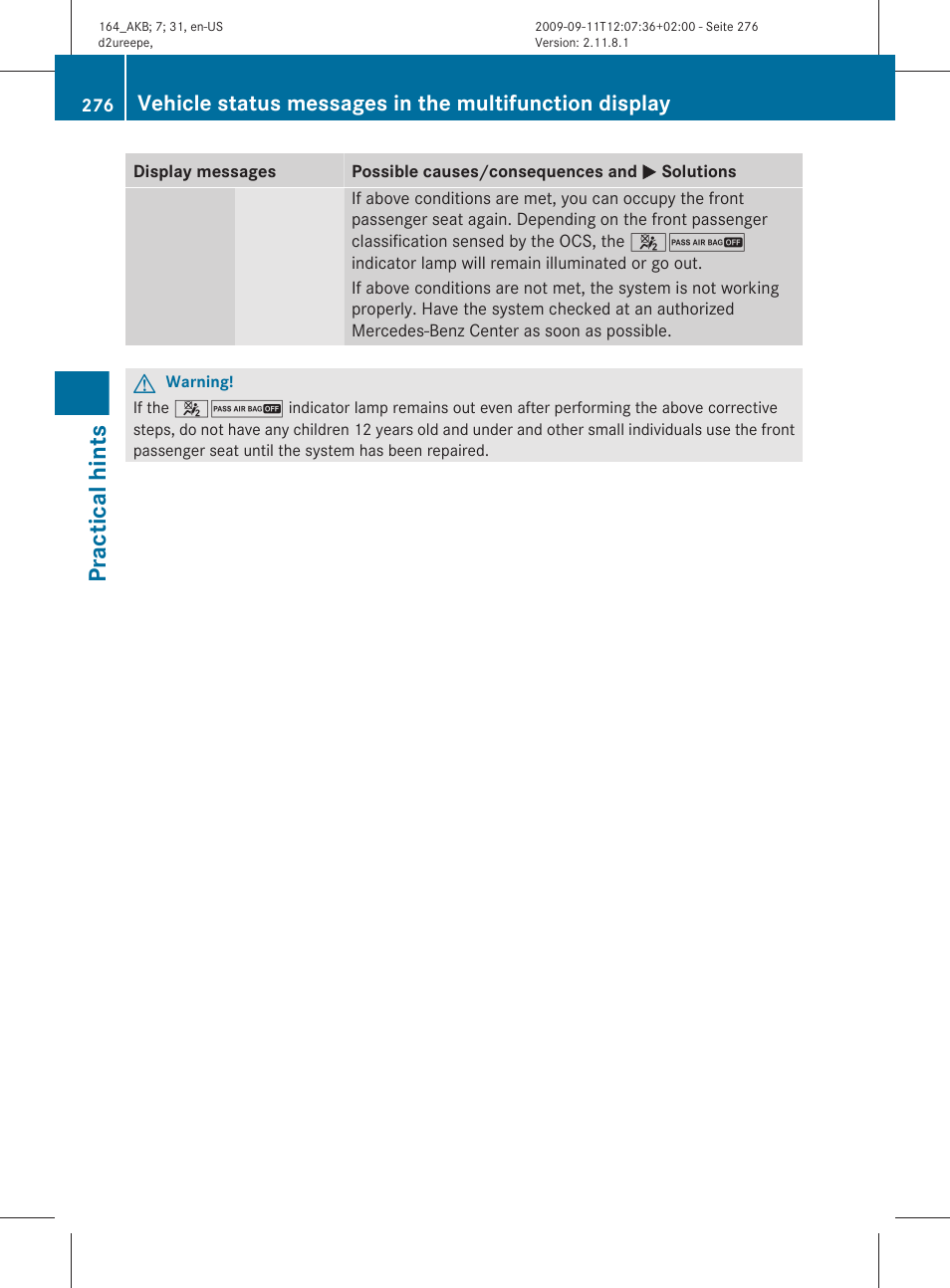 Practical hints | Mercedes-Benz M-Class 2010 Owners Manual User Manual | Page 278 / 368