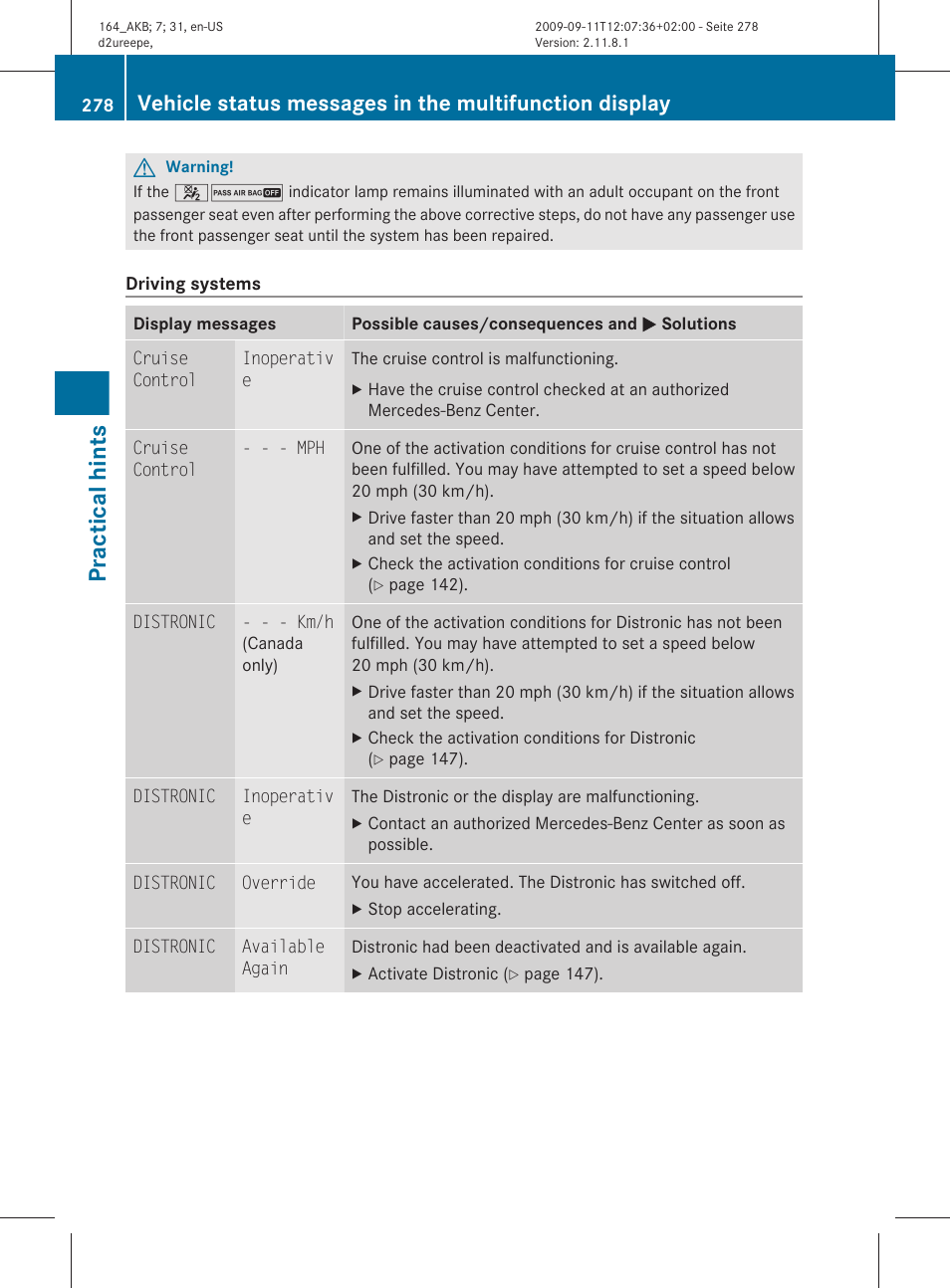 Practical hints | Mercedes-Benz M-Class 2010 Owners Manual User Manual | Page 280 / 368