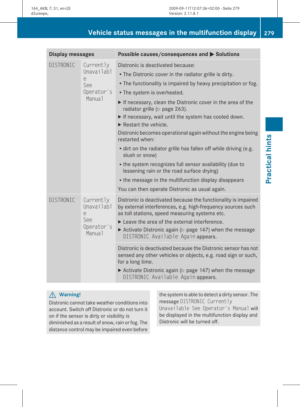 Practical hints | Mercedes-Benz M-Class 2010 Owners Manual User Manual | Page 281 / 368