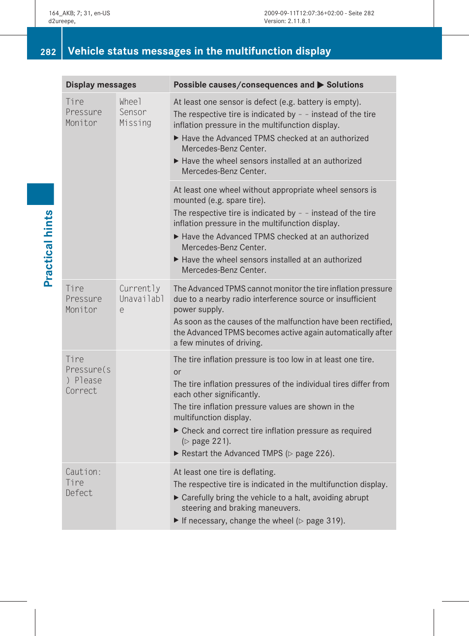 Practical hints | Mercedes-Benz M-Class 2010 Owners Manual User Manual | Page 284 / 368