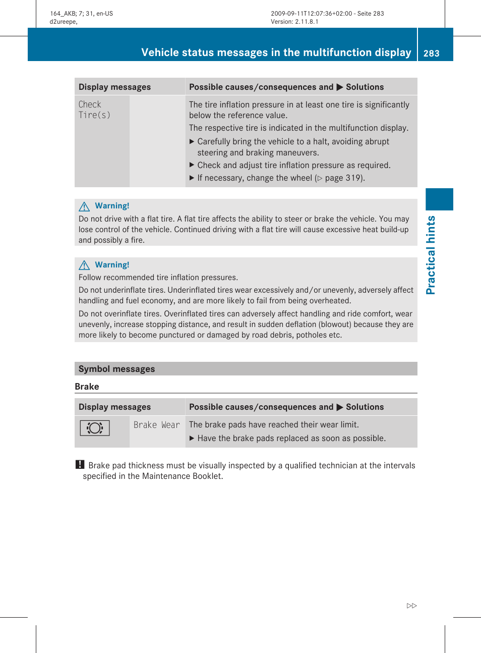Symbol messages, Practical hints | Mercedes-Benz M-Class 2010 Owners Manual User Manual | Page 285 / 368