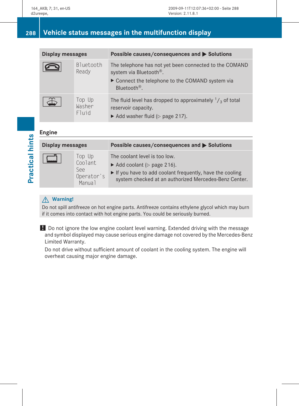 Practical hints | Mercedes-Benz M-Class 2010 Owners Manual User Manual | Page 290 / 368