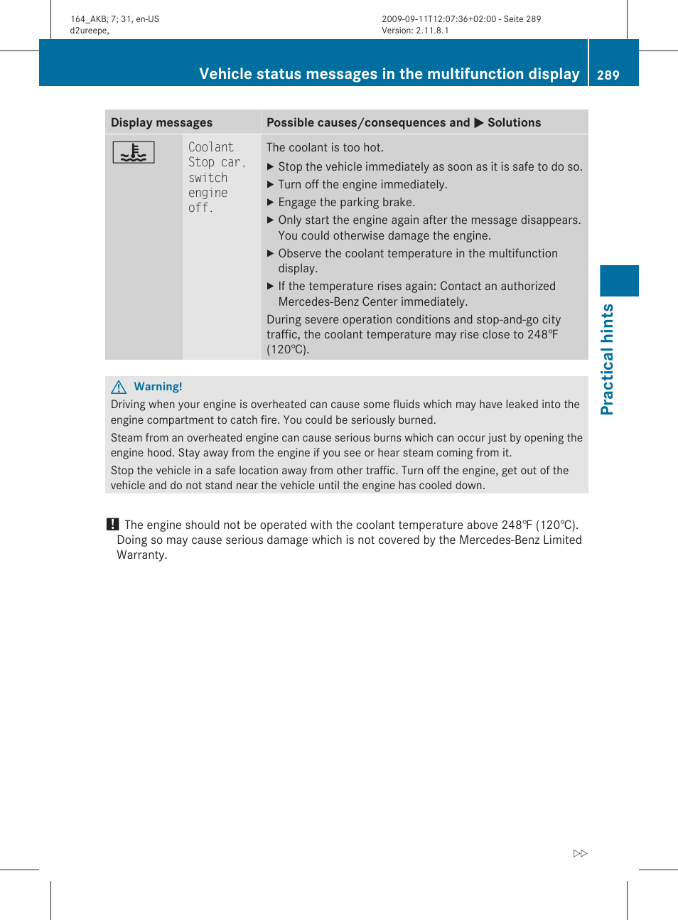 Practical hints | Mercedes-Benz M-Class 2010 Owners Manual User Manual | Page 291 / 368