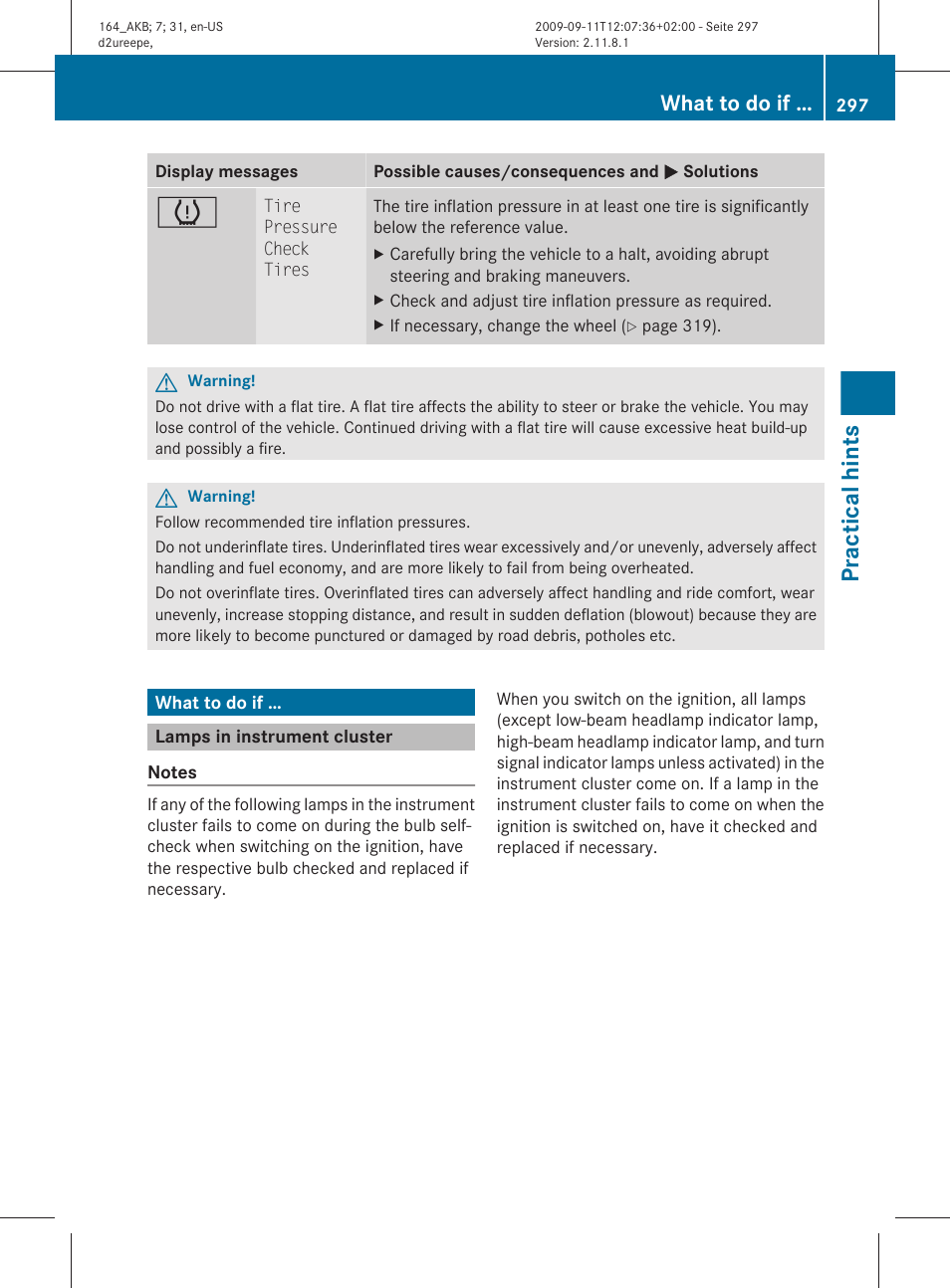 What to do if, Lamps in instrument cluster, Practical hints | Mercedes-Benz M-Class 2010 Owners Manual User Manual | Page 299 / 368