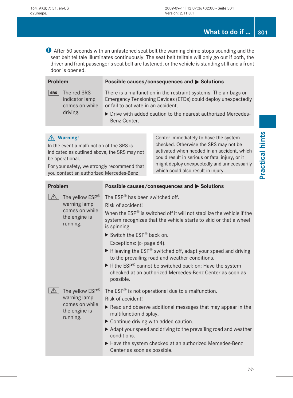 Practical hints, What to do if | Mercedes-Benz M-Class 2010 Owners Manual User Manual | Page 303 / 368