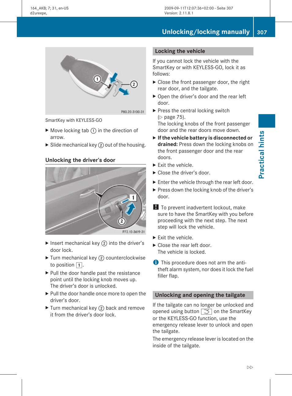 Locking the vehicle, Unlocking and opening the tailgate, Practical hints | Unlocking/locking manually | Mercedes-Benz M-Class 2010 Owners Manual User Manual | Page 309 / 368