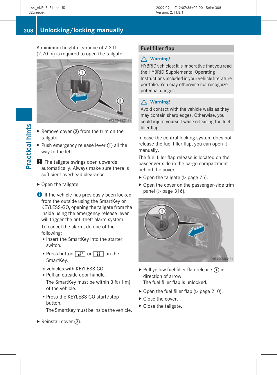Fuel filler flap, Practical hints, Unlocking/locking manually | Mercedes-Benz M-Class 2010 Owners Manual User Manual | Page 310 / 368