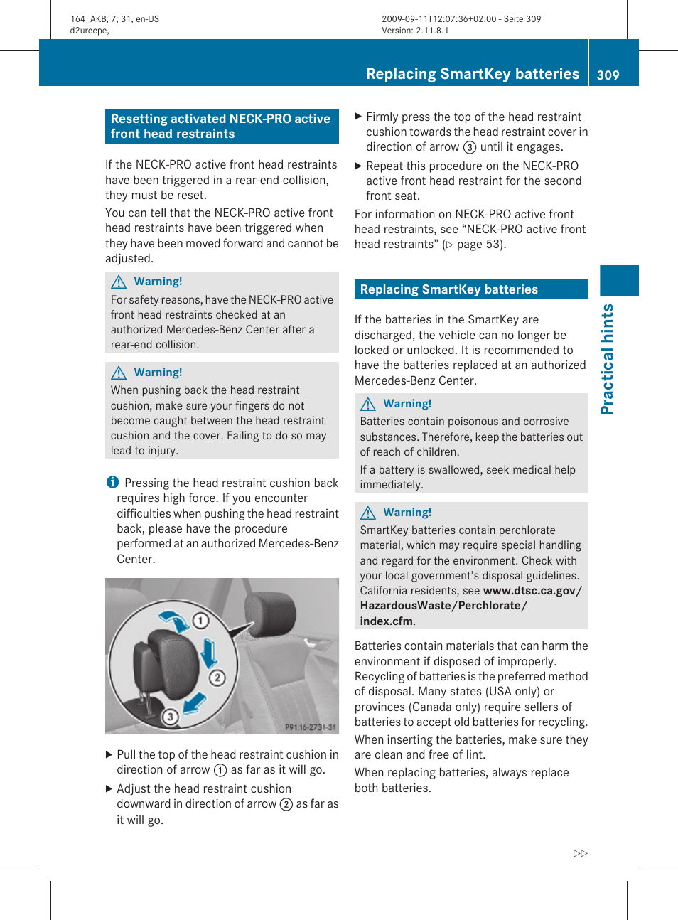Replacing smartkey batteries, Practical hints | Mercedes-Benz M-Class 2010 Owners Manual User Manual | Page 311 / 368