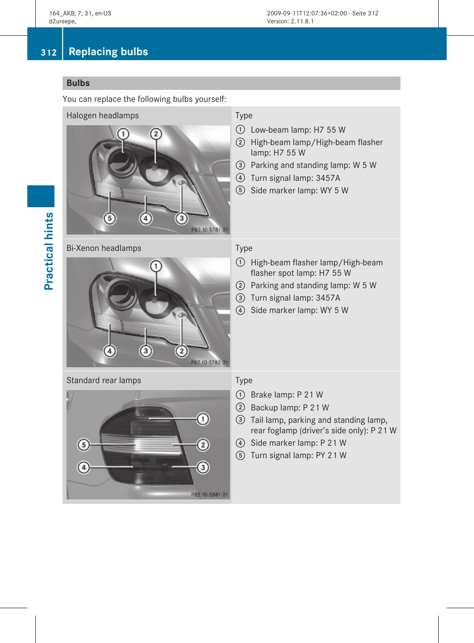 Bulbs, Practical hints, Replacing bulbs | Mercedes-Benz M-Class 2010 Owners Manual User Manual | Page 314 / 368