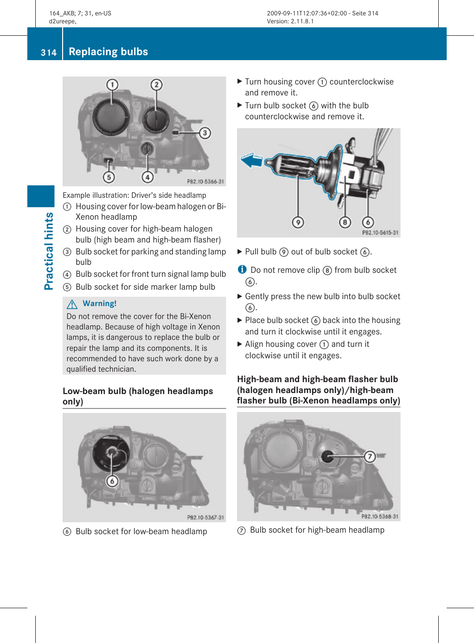 Practical hints, Replacing bulbs | Mercedes-Benz M-Class 2010 Owners Manual User Manual | Page 316 / 368