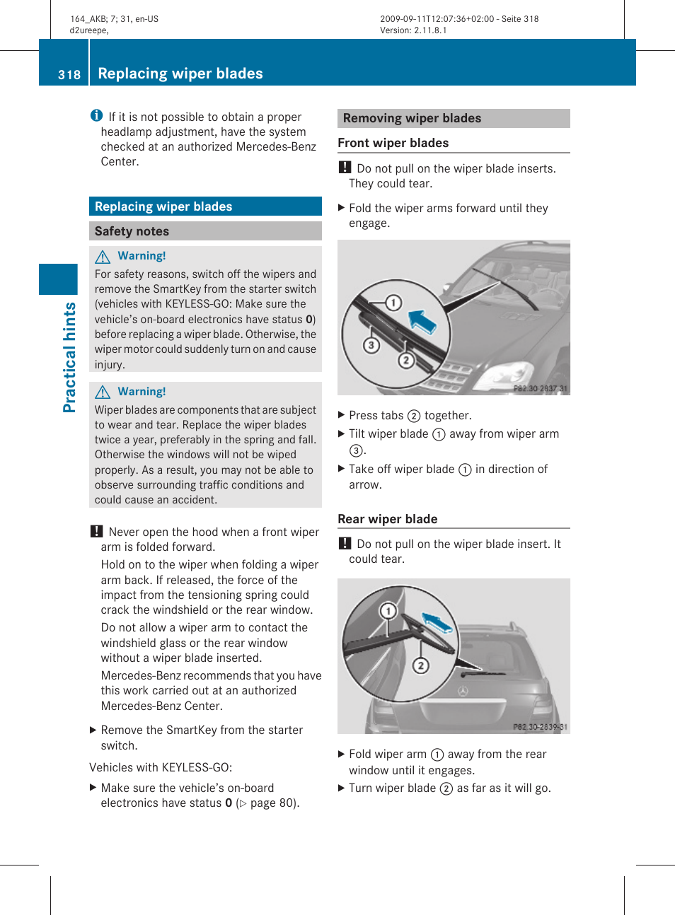 Replacing wiper blades, Safety notes, Removing wiper blades | Practical hints | Mercedes-Benz M-Class 2010 Owners Manual User Manual | Page 320 / 368