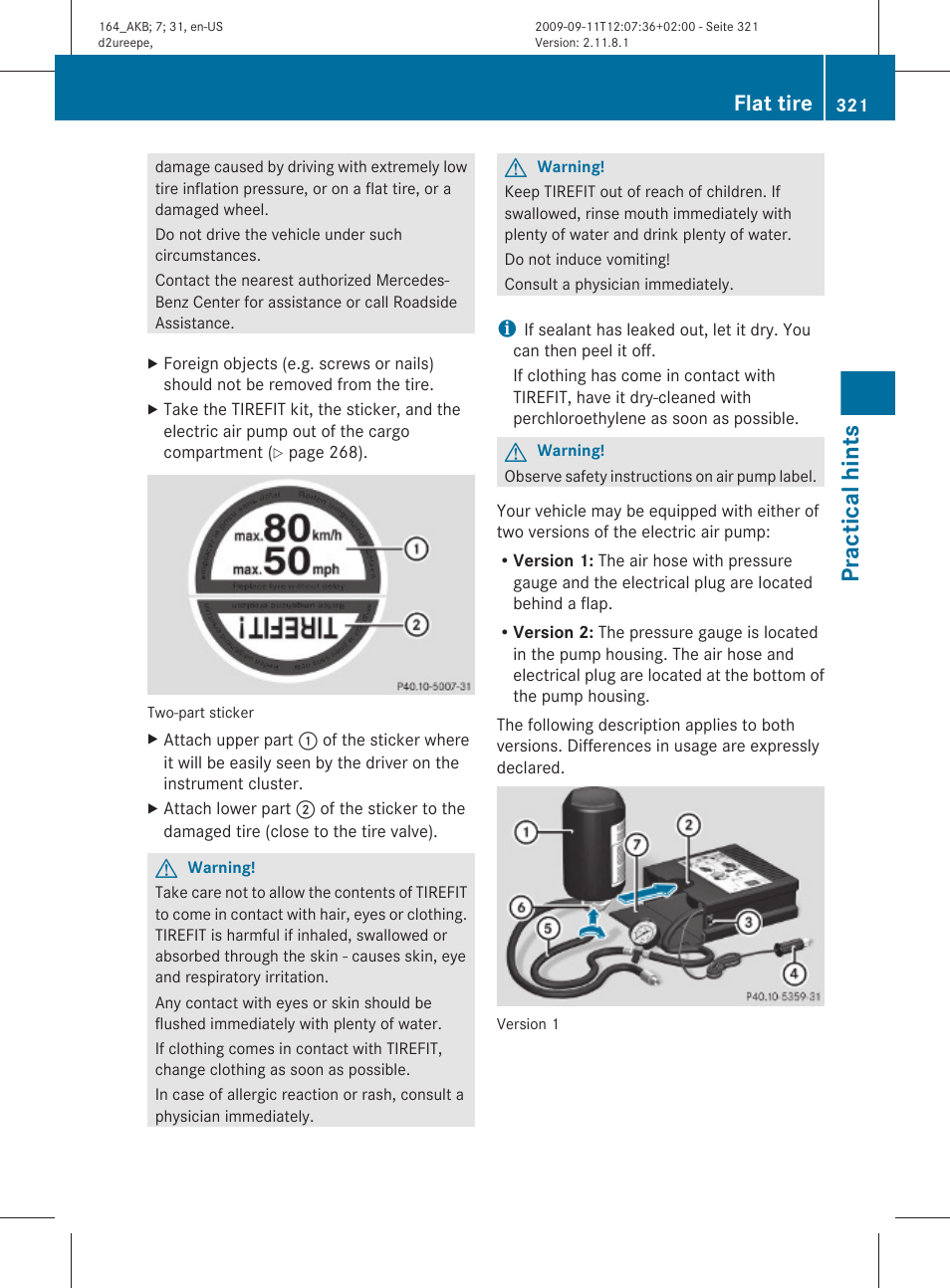 Practical hints, Flat tire | Mercedes-Benz M-Class 2010 Owners Manual User Manual | Page 323 / 368