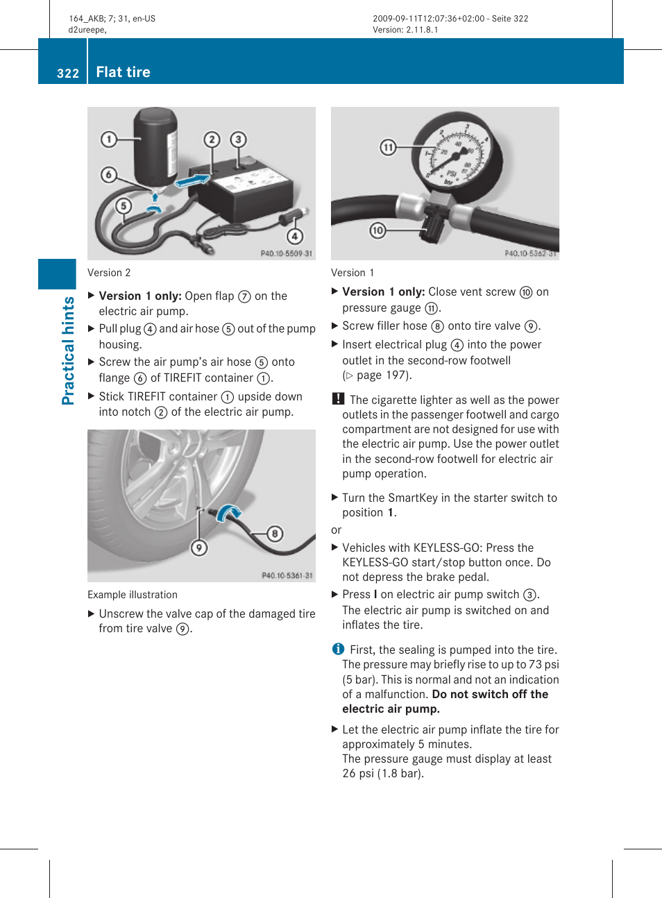 Practical hints, Flat tire | Mercedes-Benz M-Class 2010 Owners Manual User Manual | Page 324 / 368