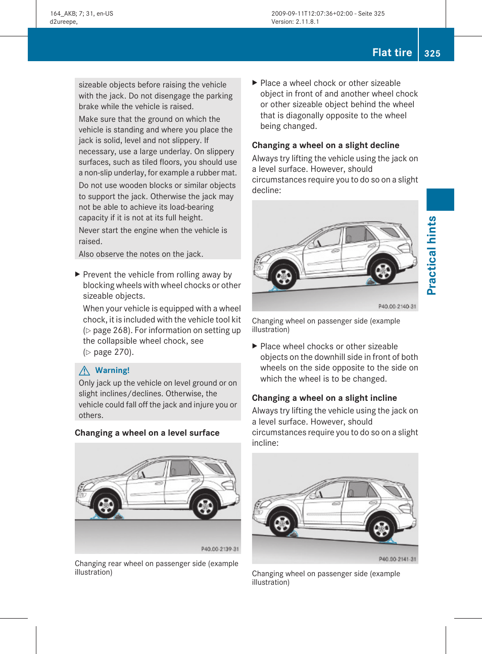 Practical hints, Flat tire | Mercedes-Benz M-Class 2010 Owners Manual User Manual | Page 327 / 368