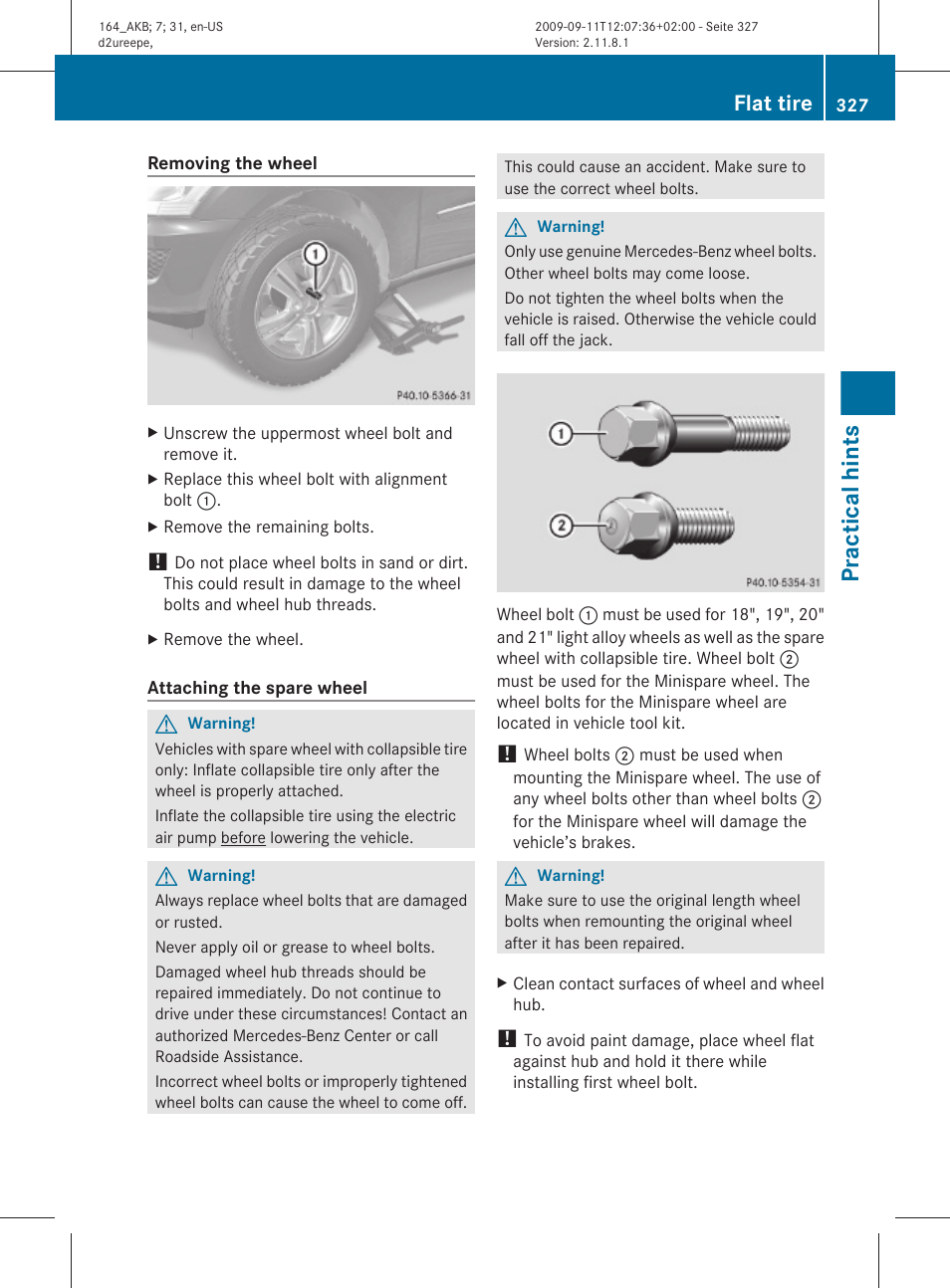 Practical hints, Flat tire | Mercedes-Benz M-Class 2010 Owners Manual User Manual | Page 329 / 368