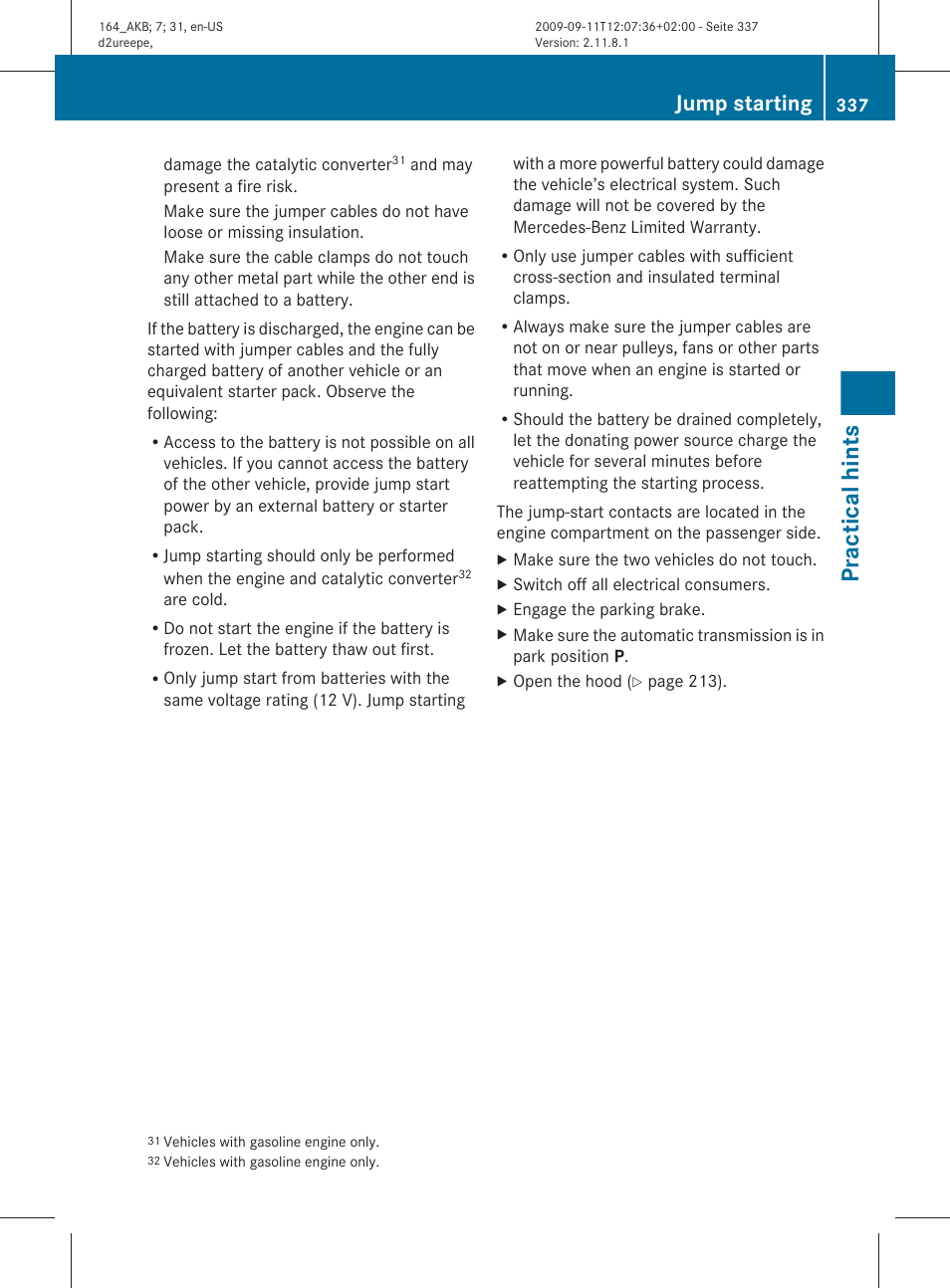 Practical hints, Jump starting | Mercedes-Benz M-Class 2010 Owners Manual User Manual | Page 339 / 368