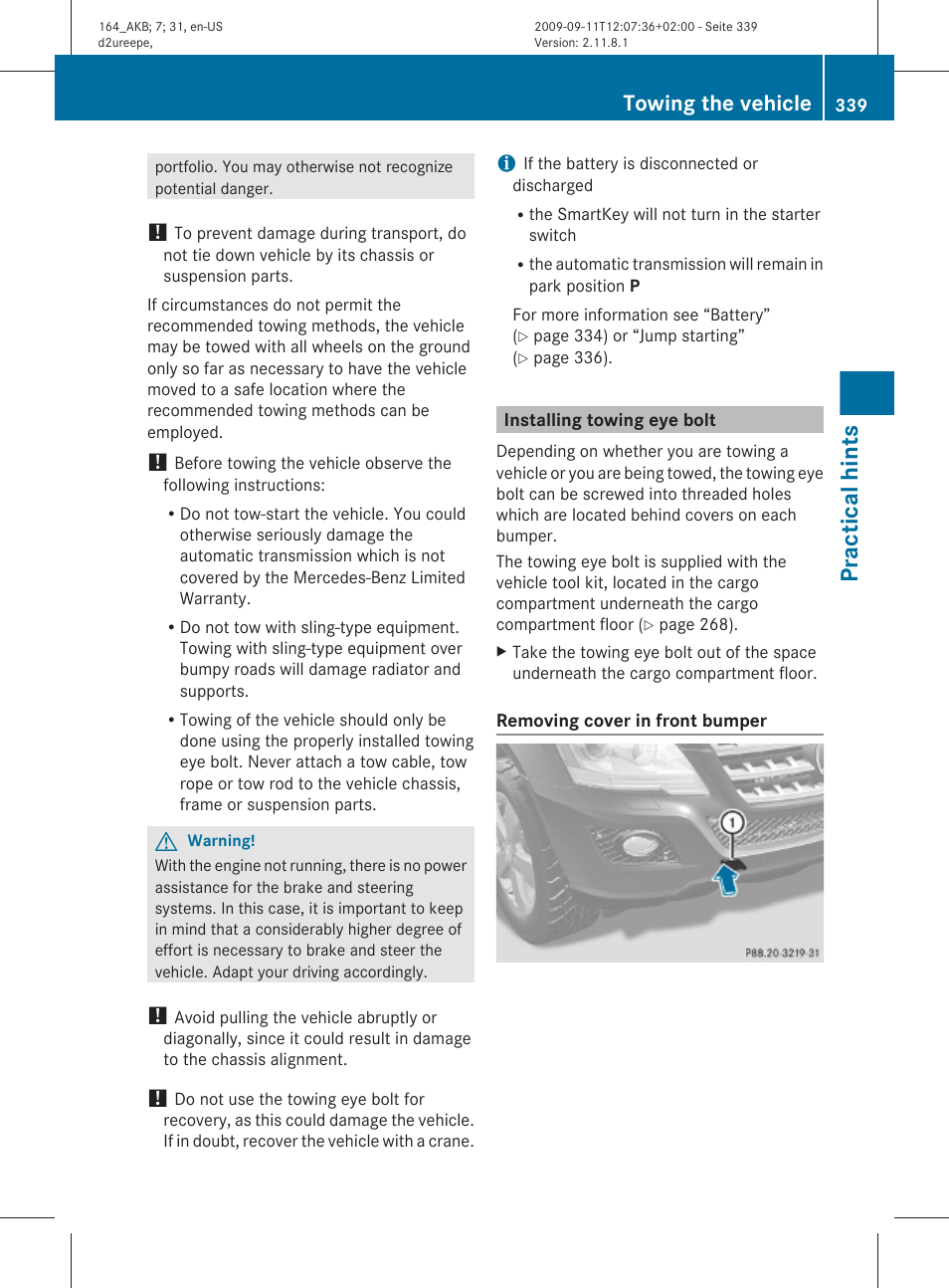 Installing towing eye bolt, Practical hints, Towing the vehicle | Mercedes-Benz M-Class 2010 Owners Manual User Manual | Page 341 / 368