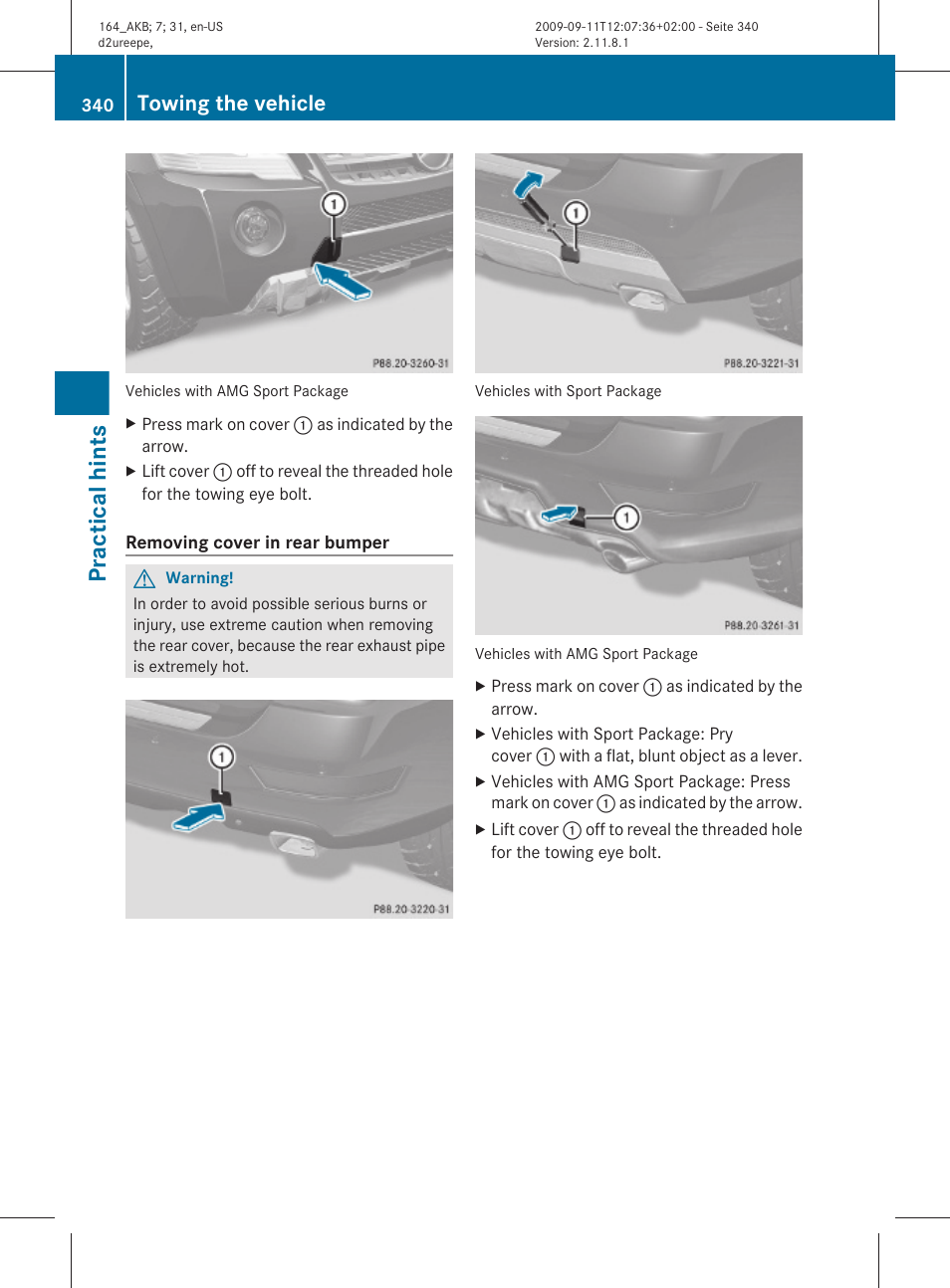 Practical hints, Towing the vehicle | Mercedes-Benz M-Class 2010 Owners Manual User Manual | Page 342 / 368