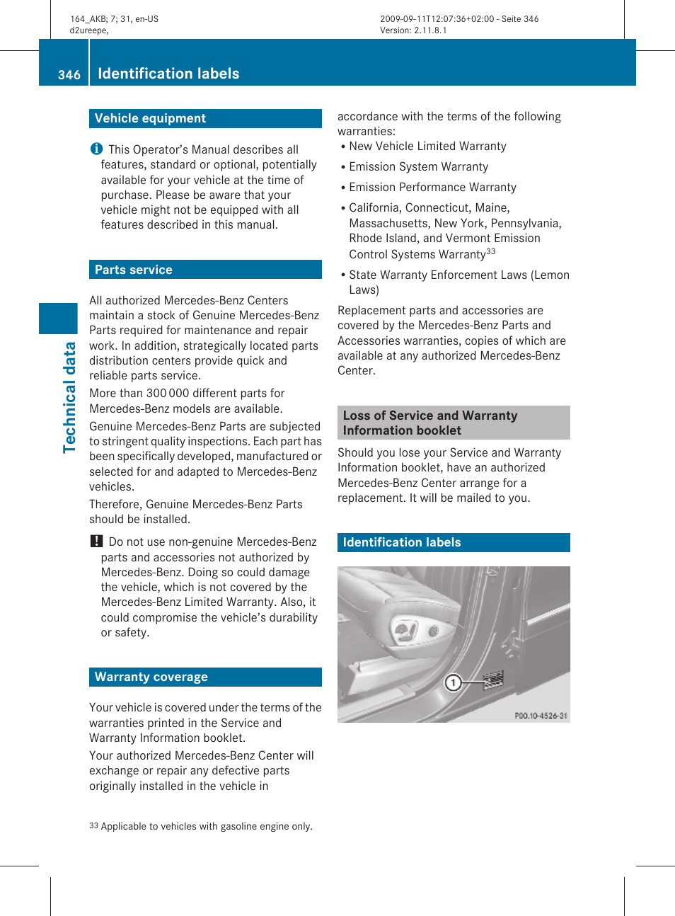 Technical data, Vehicle equipment, Parts service | Warranty coverage, Loss of service and warranty information booklet, Identification labels | Mercedes-Benz M-Class 2010 Owners Manual User Manual | Page 348 / 368