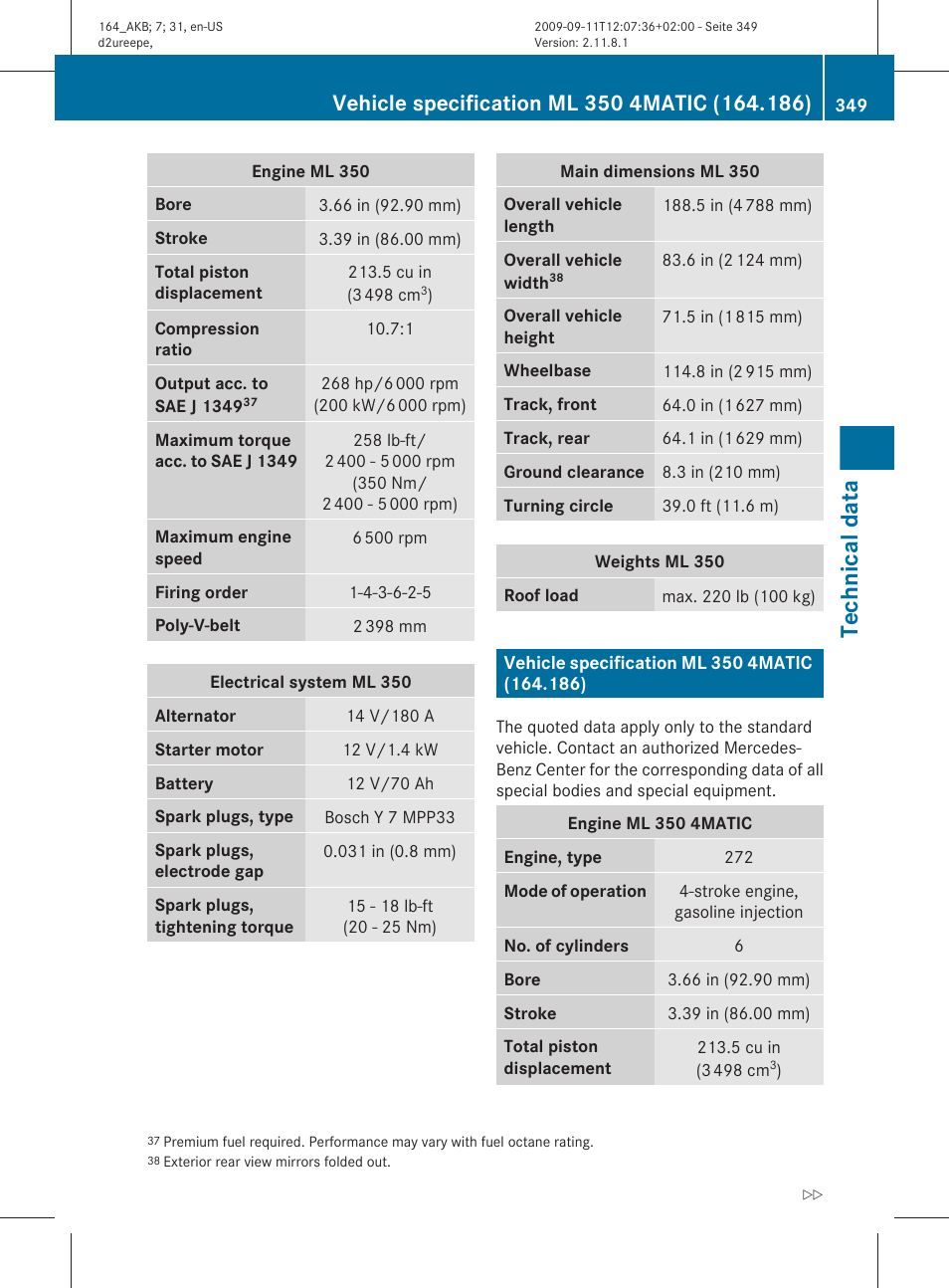 Vehicle specification ml 350 4matic (164.186), Technical data | Mercedes-Benz M-Class 2010 Owners Manual User Manual | Page 351 / 368