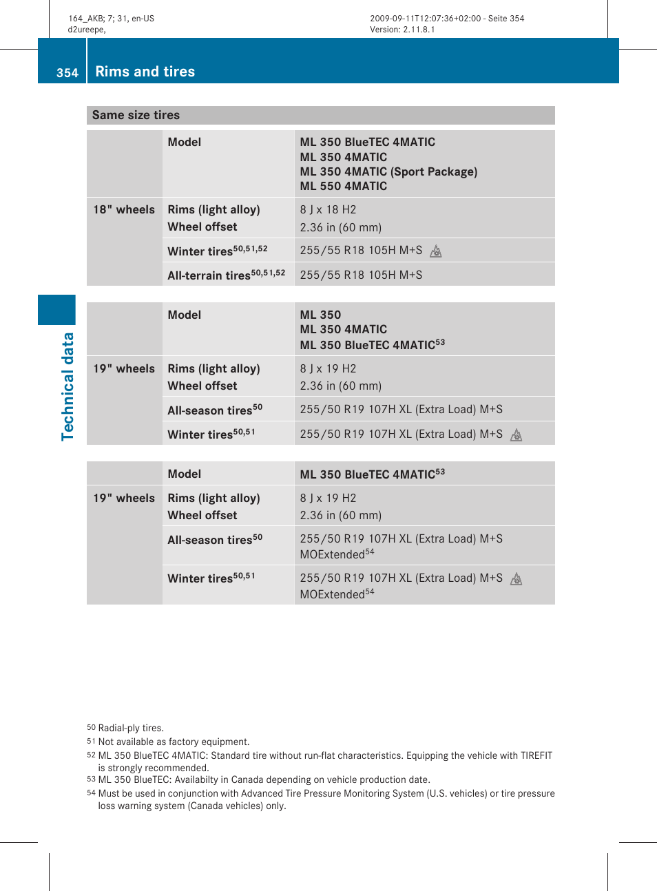 Same size tires, Technical data, Rims and tires | Mercedes-Benz M-Class 2010 Owners Manual User Manual | Page 356 / 368