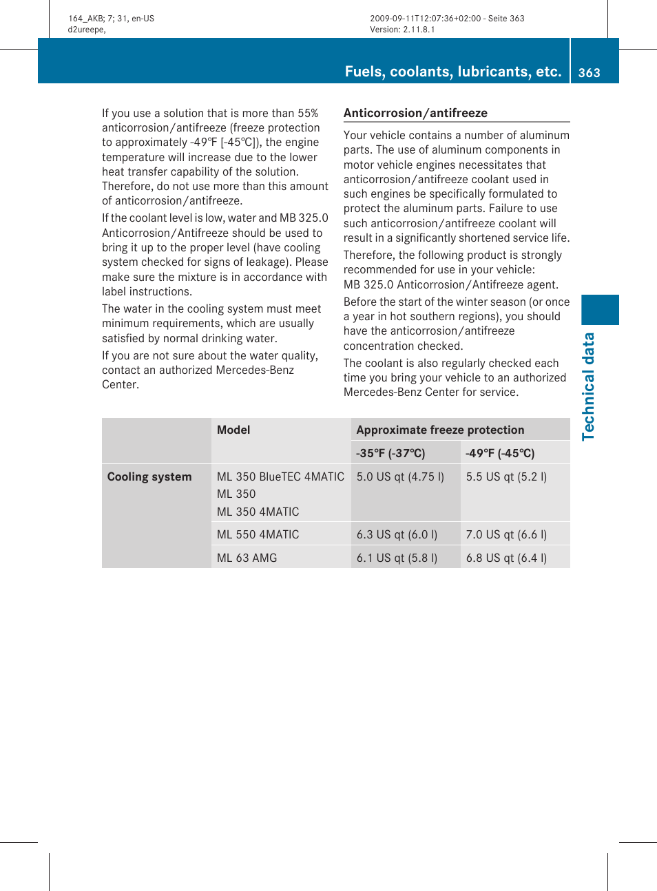 Technical data, Fuels, coolants, lubricants, etc | Mercedes-Benz M-Class 2010 Owners Manual User Manual | Page 365 / 368