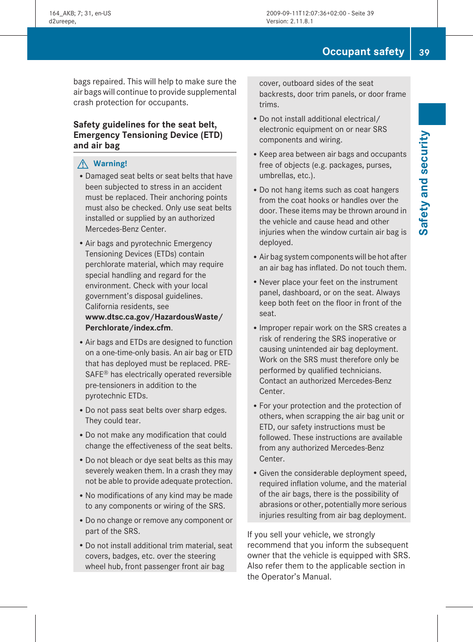Safety and security, Occupant safety | Mercedes-Benz M-Class 2010 Owners Manual User Manual | Page 41 / 368