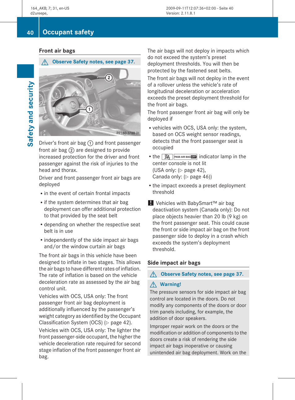 Safety and security, Occupant safety | Mercedes-Benz M-Class 2010 Owners Manual User Manual | Page 42 / 368