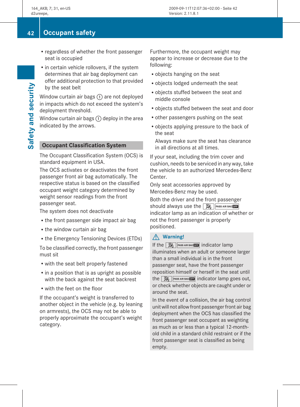 Occupant classification system, Classification system (ocs), Usa only | Safety and security, Occupant safety | Mercedes-Benz M-Class 2010 Owners Manual User Manual | Page 44 / 368