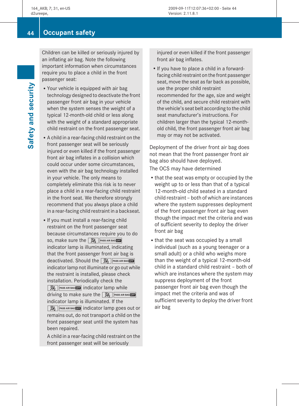 Safety and security, Occupant safety | Mercedes-Benz M-Class 2010 Owners Manual User Manual | Page 46 / 368