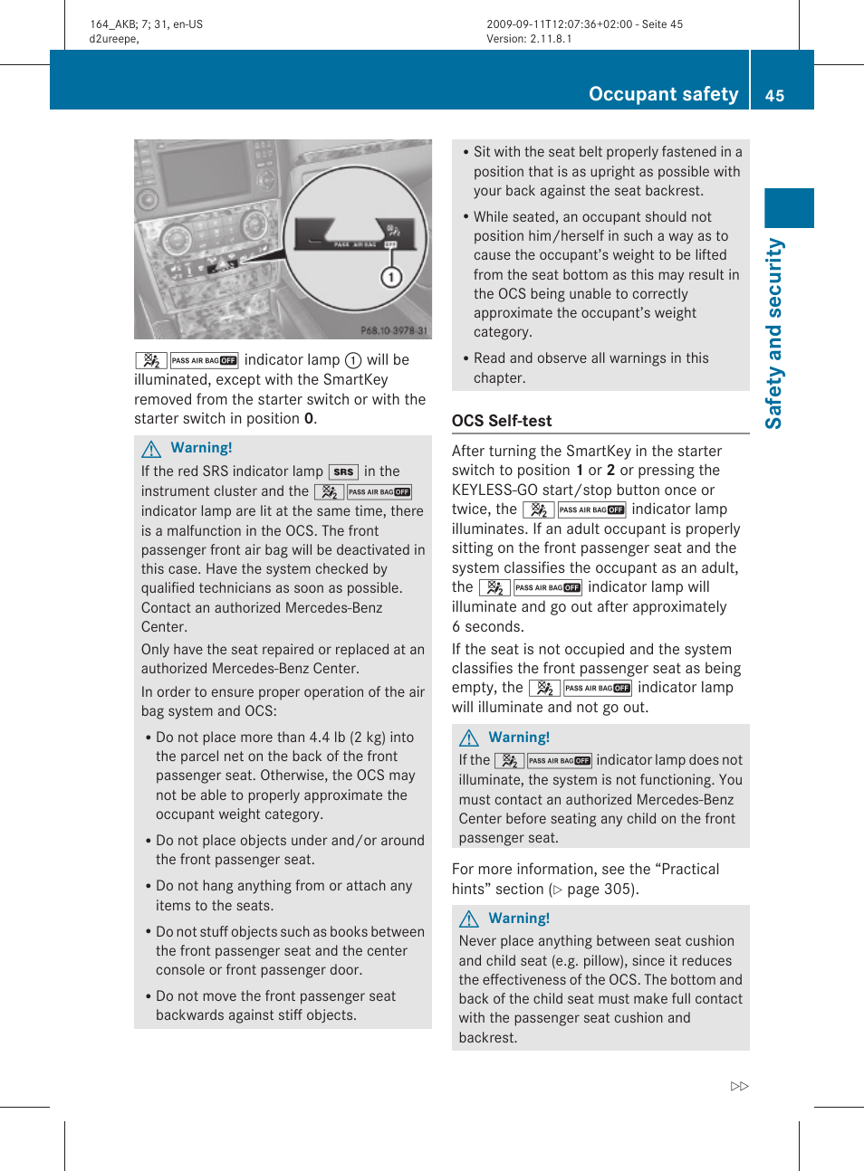 Safety and security, Occupant safety | Mercedes-Benz M-Class 2010 Owners Manual User Manual | Page 47 / 368