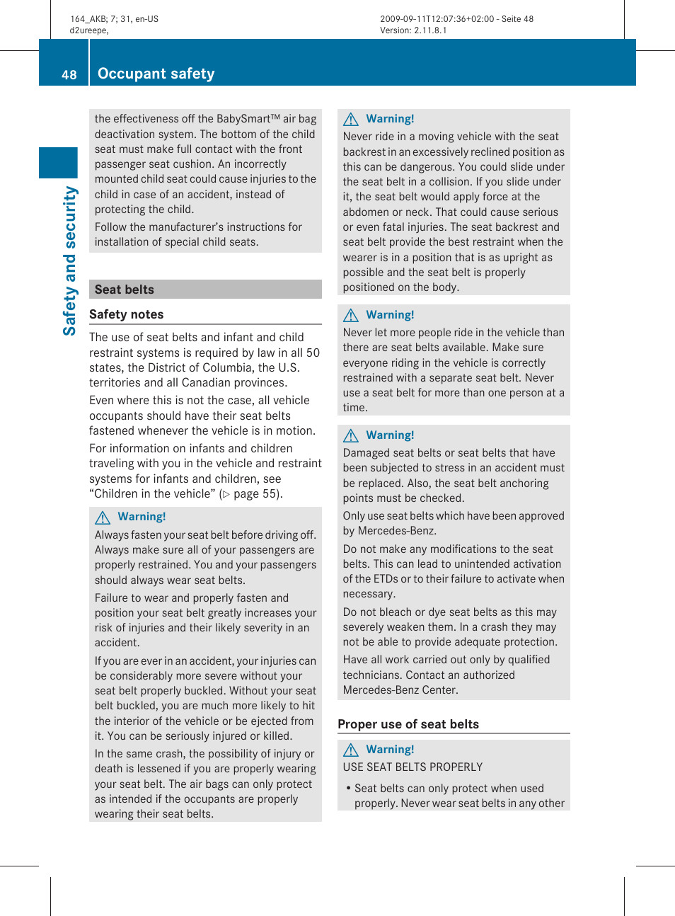 Seat belts, Safety and security, Occupant safety | Mercedes-Benz M-Class 2010 Owners Manual User Manual | Page 50 / 368